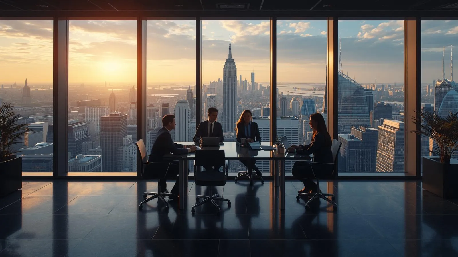 Esti üzleti megbeszélés panorámás irodában